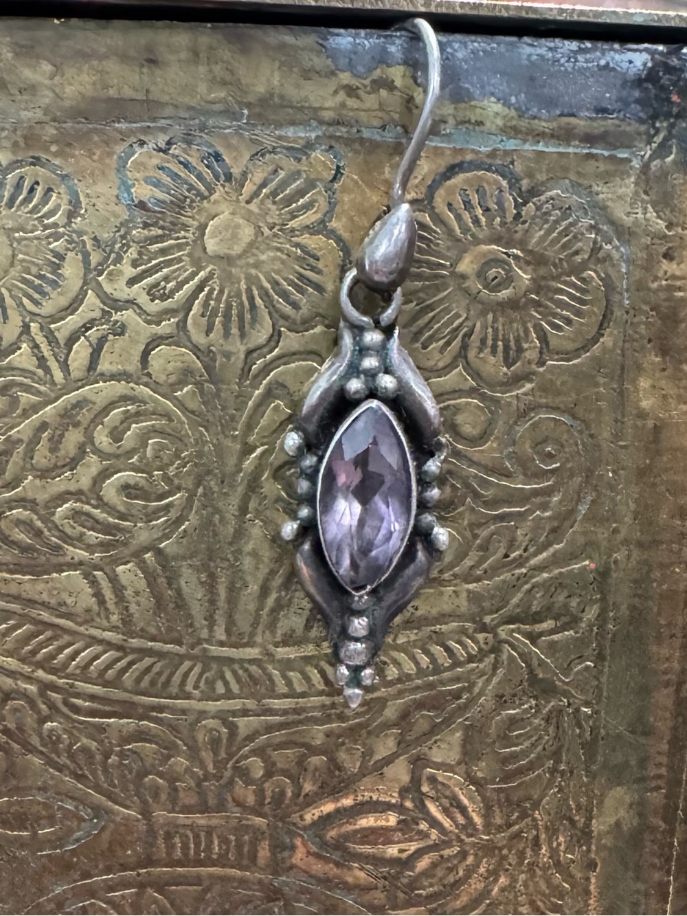 Vintage 92 Silver Purple Gemstone Drop Earring - Ornate Tribal / Ethnic Style